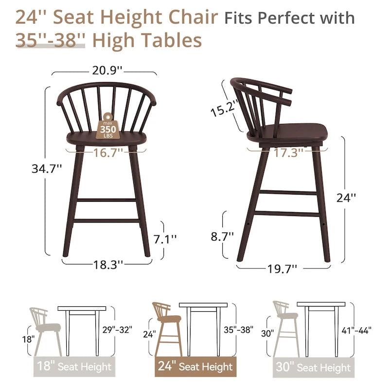 Lot de 3 tabourets de bar de 61 cm, hauteur comptoir, avec cadre en bois massif et dossier à barreaux pour îlot de cuisine