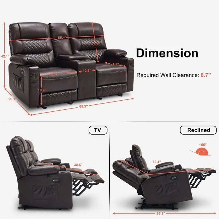 MCombo Canapé inclinable électrique avec console, canapé inclinable électrique avec chauffage et vibrations, ports USB, porte-gobelets PR624