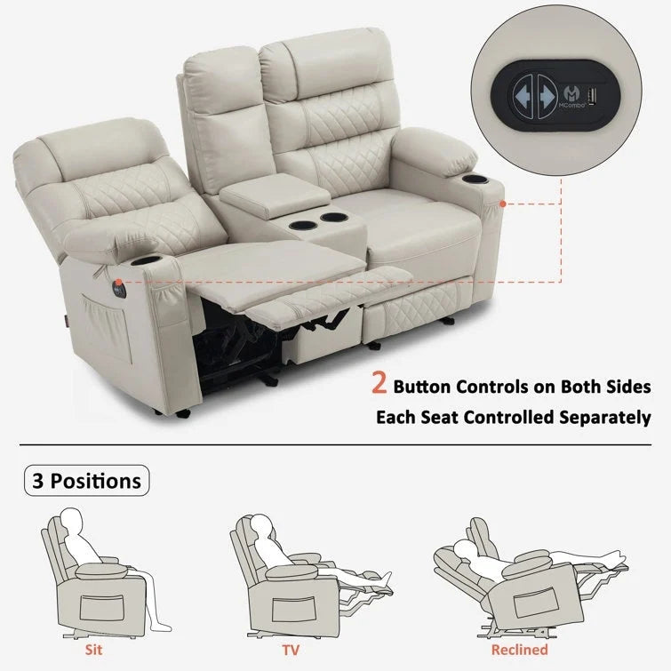 MCombo Canapé inclinable électrique avec console, canapé inclinable électrique avec chauffage et vibrations, ports USB, porte-gobelets PR624