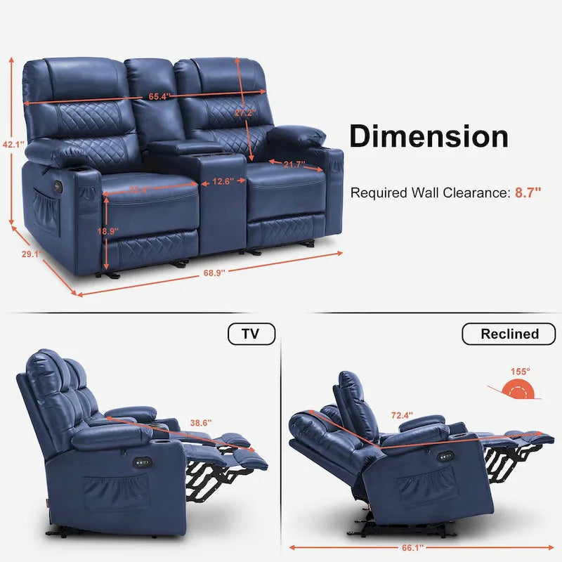 MCombo Canapé inclinable électrique avec console, canapé inclinable électrique avec chauffage et vibrations, ports USB, porte-gobelets PR624