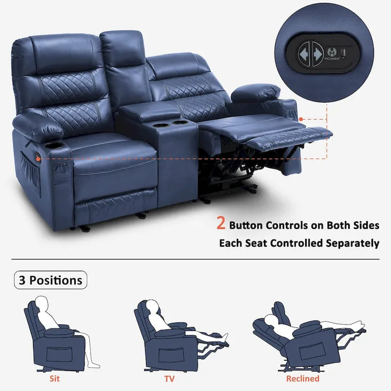 MCombo Canapé inclinable électrique avec console, canapé inclinable électrique avec chauffage et vibrations, ports USB, porte-gobelets PR624