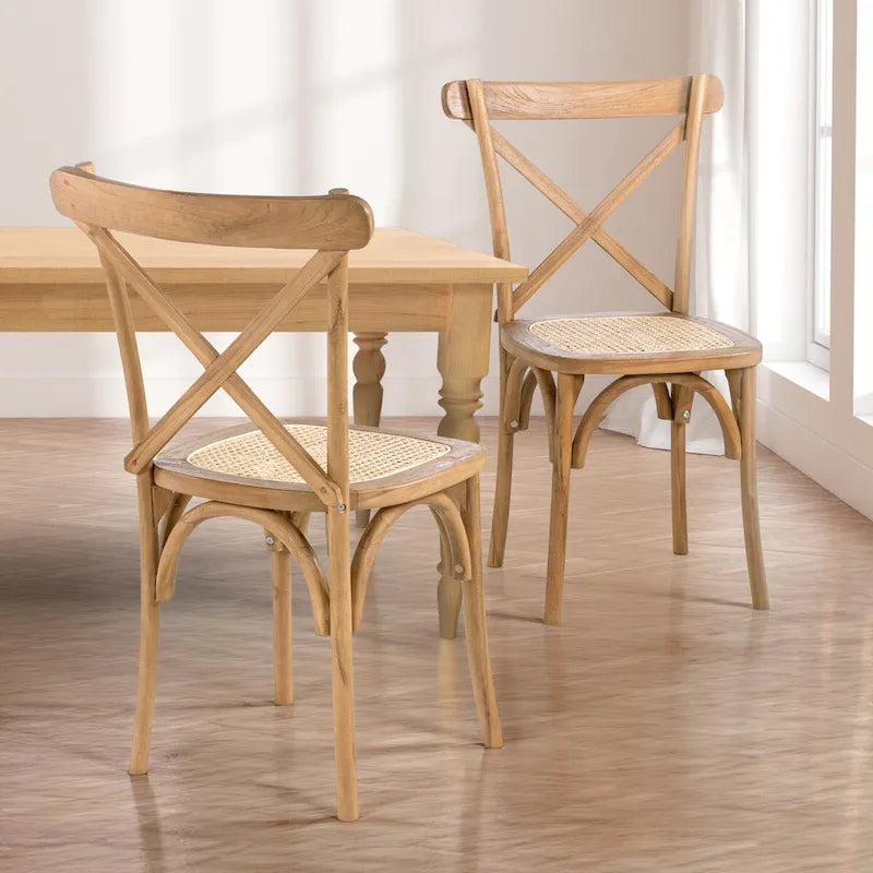 Chaise de salle à manger classique Colmar en bois et rotin avec dossier en X, naturel (Lot de 2) par JONATHAN Y