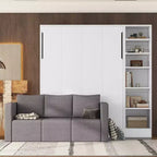Lit mural escamotable double/simple avec canapé 2/3 places et étagères de rangement, Blanc+Gris -ModernLuxe