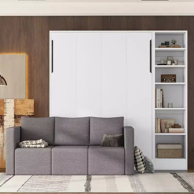 Lit mural escamotable double/simple avec canapé 2/3 places et étagères de rangement, Blanc+Gris -ModernLuxe
