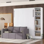 Lit mural escamotable double/simple avec canapé 2/3 places et étagères de rangement, Blanc+Gris -ModernLuxe