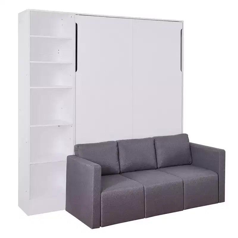 Lit mural escamotable double/simple avec canapé 2/3 places et étagères de rangement, Blanc+Gris -ModernLuxe