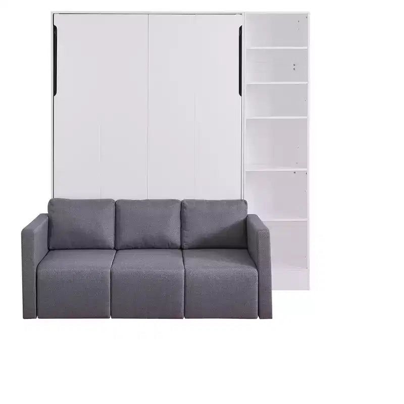 Lit mural escamotable double/simple avec canapé 2/3 places et étagères de rangement, Blanc+Gris -ModernLuxe