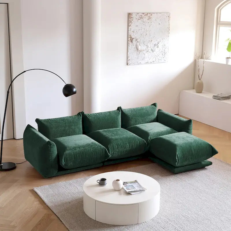 Canapé sectionnel en forme de L de 103 po, canapé modulaire 4 places minimaliste en chenille avec pouf réversible