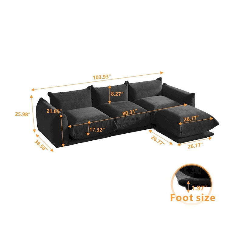 Canapé sectionnel en forme de L de 103 po, canapé modulaire 4 places minimaliste en chenille avec pouf réversible