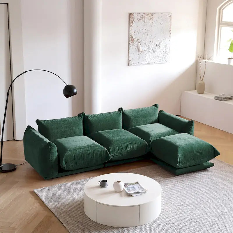 Canapé sectionnel en forme de L de 103 po, canapé modulaire 4 places minimaliste en chenille avec pouf réversible