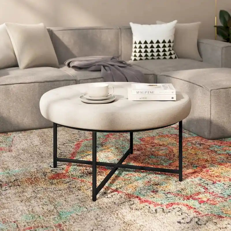 Tufted Round Cotton Linen Ottoman with Iron Frame