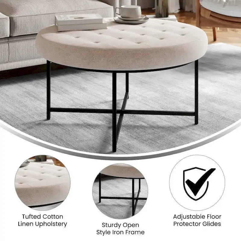 Pouffe rond touffeté en coton et lin avec cadre en fer
