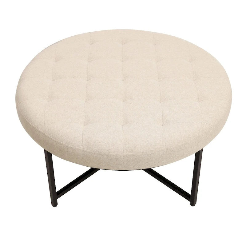 Pouffe rond touffeté en coton et lin avec cadre en fer