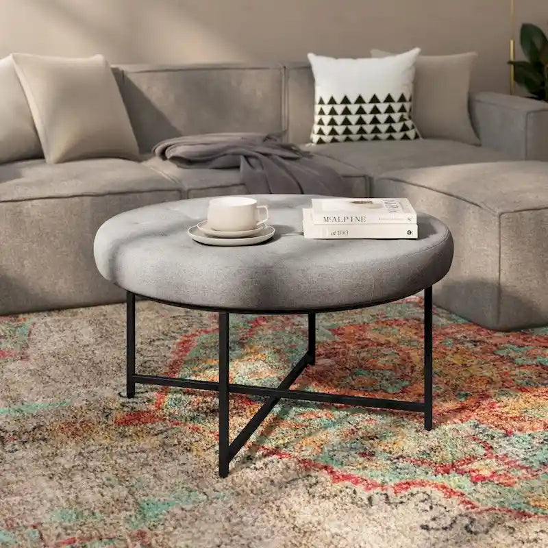 Pouffe rond touffeté en coton et lin avec cadre en fer
