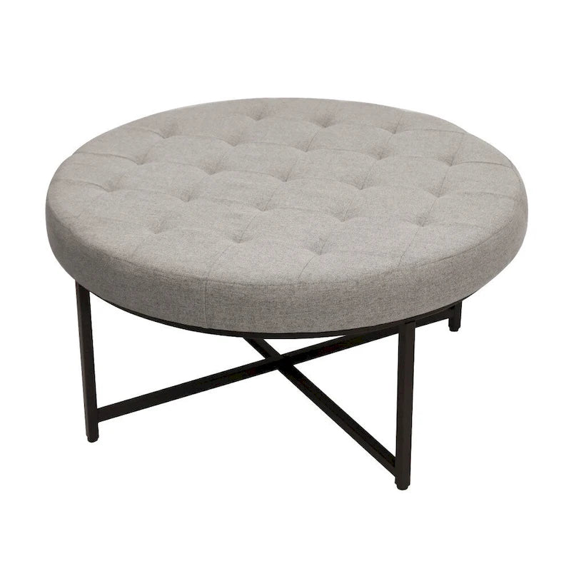 Pouffe rond touffeté en coton et lin avec cadre en fer