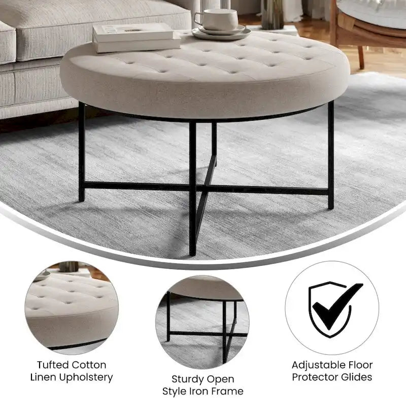 Pouffe rond touffeté en coton et lin avec cadre en fer