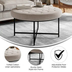 Pouffe rond touffeté en coton et lin avec cadre en fer