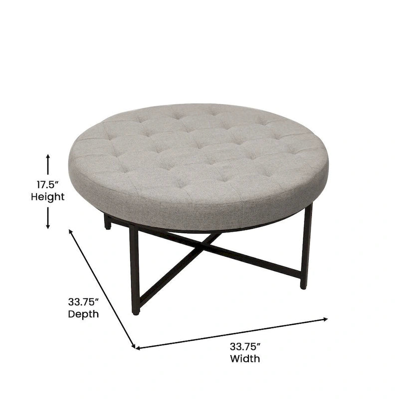 Pouffe rond touffeté en coton et lin avec cadre en fer