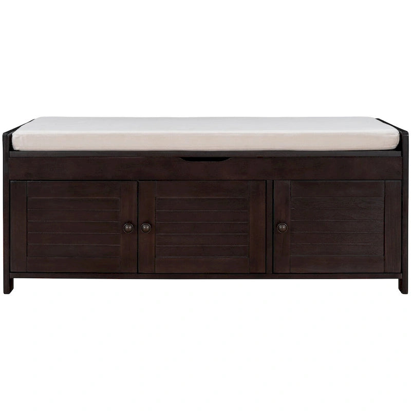 Banc de rangement avec 3 portes persiennes, coussin amovible et espace de rangement caché - 110,5 L x 40,6 l x 45,7 H cm