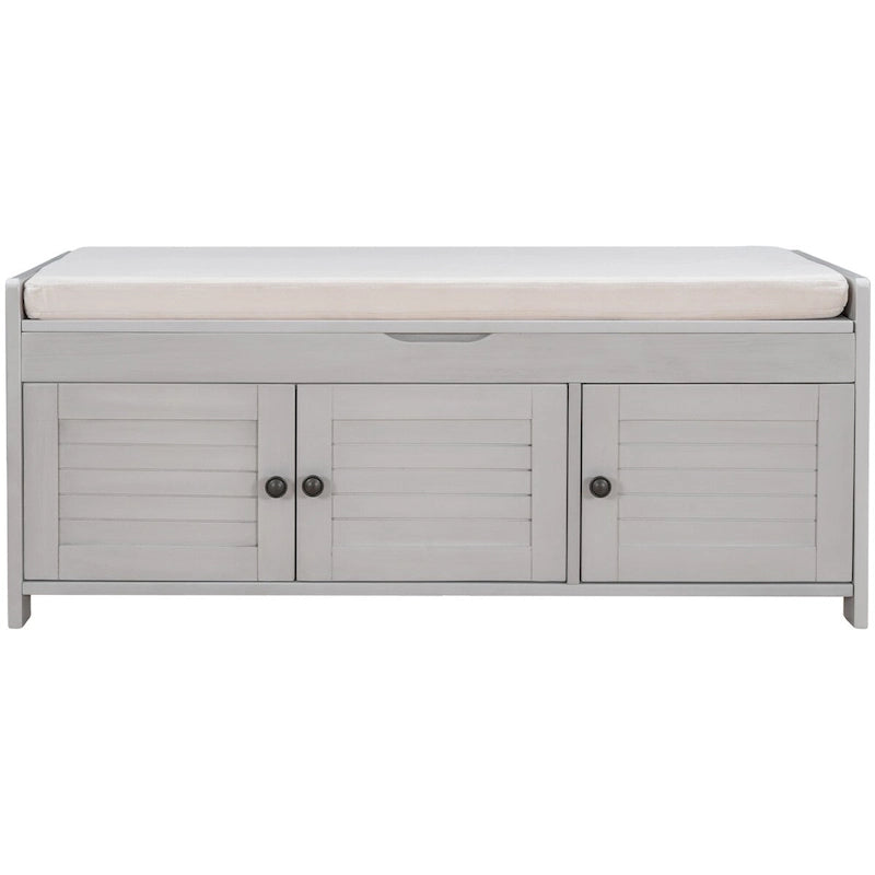 Banc de rangement avec 3 portes persiennes, coussin amovible et espace de rangement caché - 110,5 L x 40,6 l x 45,7 H cm