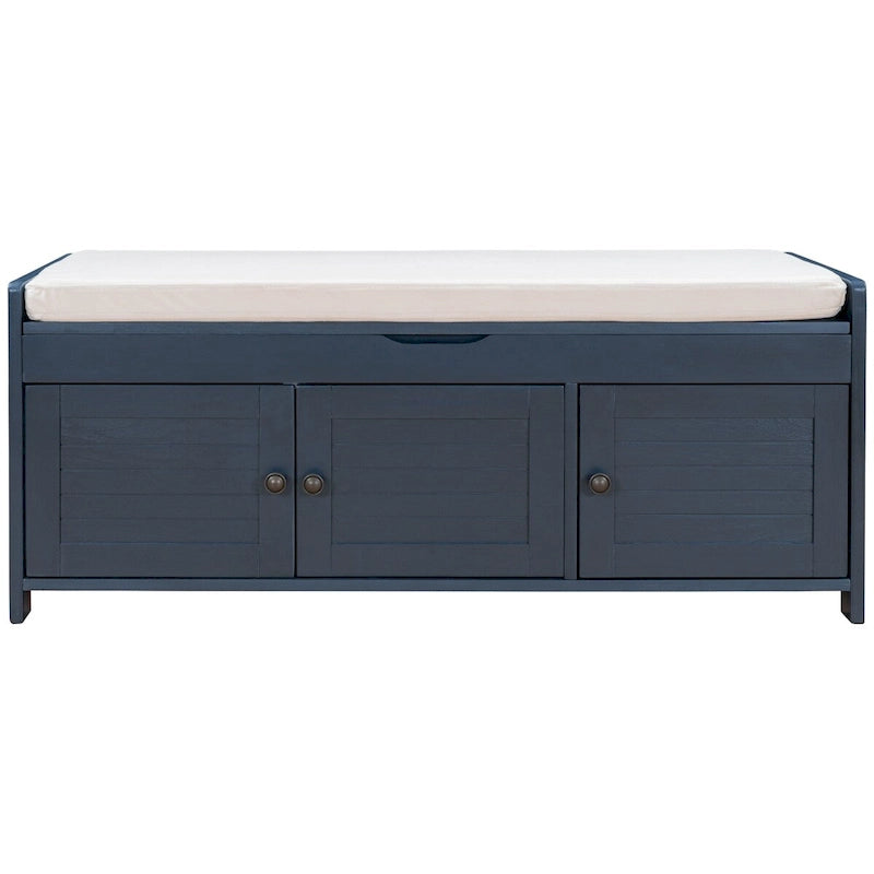 Banc de rangement avec 3 portes persiennes, coussin amovible et espace de rangement caché - 110,5 L x 40,6 l x 45,7 H cm
