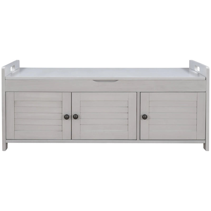Banc de rangement avec 3 portes persiennes, coussin amovible et espace de rangement caché - 110,5 L x 40,6 l x 45,7 H cm