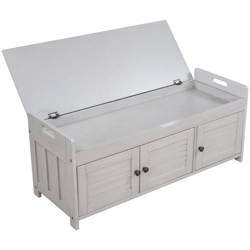 Banc de rangement avec 3 portes persiennes, coussin amovible et espace de rangement caché - 110,5 L x 40,6 l x 45,7 H cm