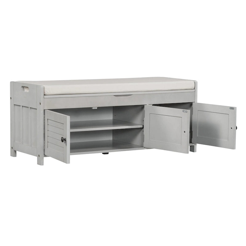 Banc de rangement avec 3 portes persiennes, coussin amovible et espace de rangement caché - 110,5 L x 40,6 l x 45,7 H cm