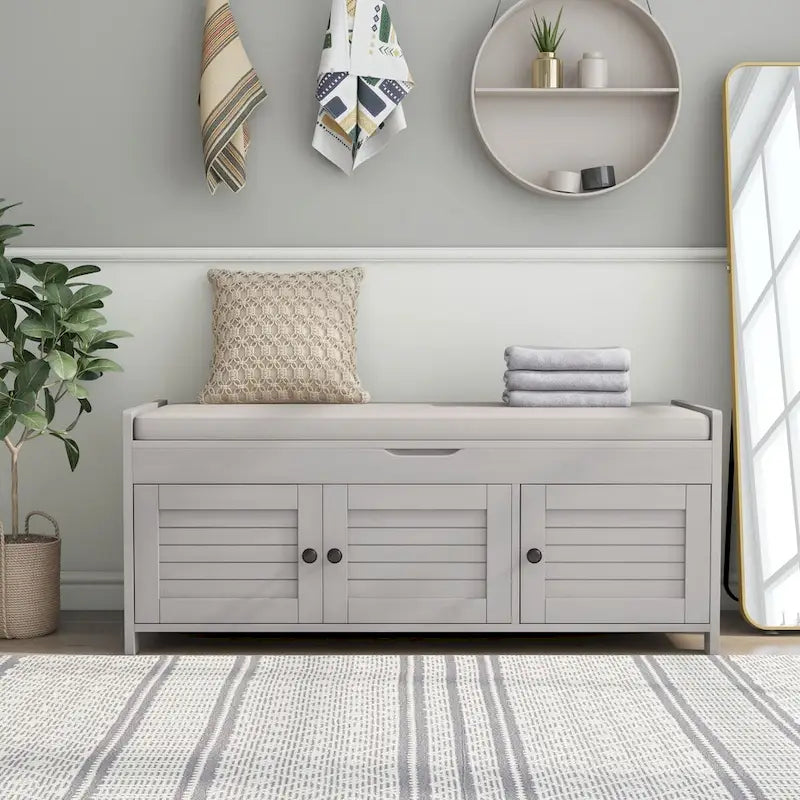 Banc de rangement avec 3 portes persiennes, coussin amovible et espace de rangement caché - 110,5 L x 40,6 l x 45,7 H cm