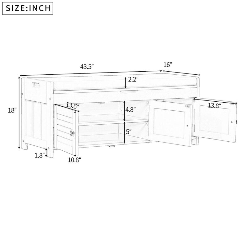 Banc de rangement avec 3 portes persiennes, coussin amovible et espace de rangement caché - 110,5 L x 40,6 l x 45,7 H cm
