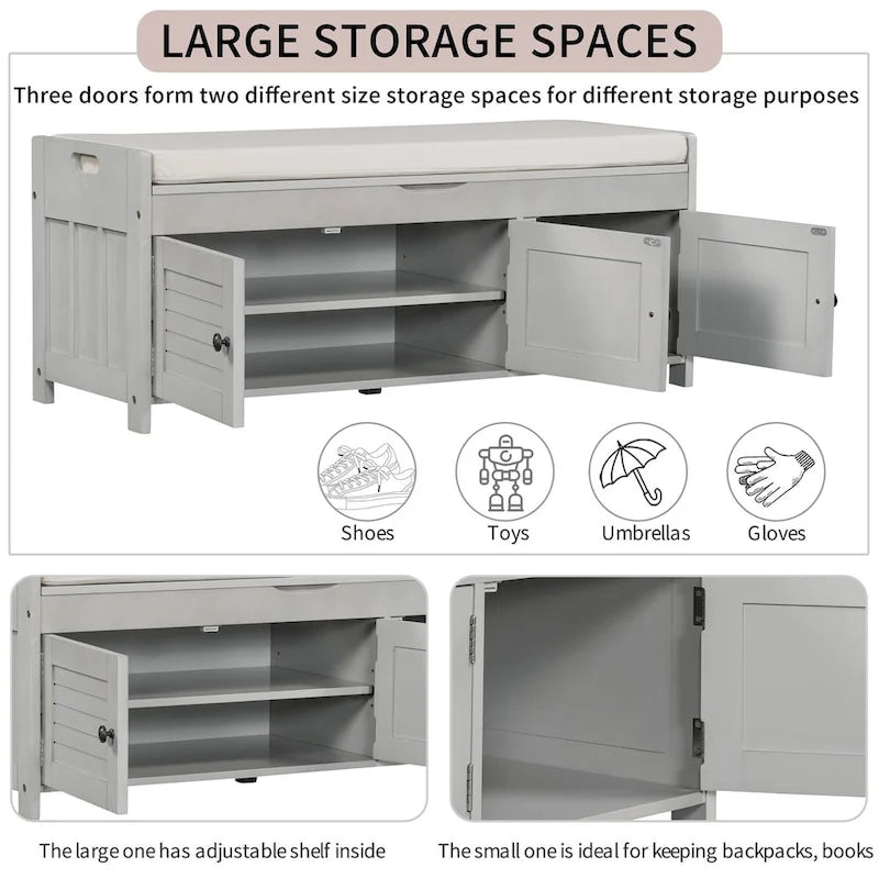 Banc de rangement avec 3 portes persiennes, coussin amovible et espace de rangement caché - 110,5 L x 40,6 l x 45,7 H cm