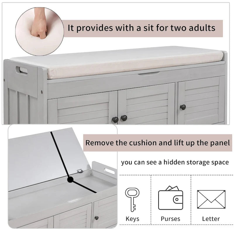 Banc de rangement avec 3 portes persiennes, coussin amovible et espace de rangement caché - 110,5 L x 40,6 l x 45,7 H cm