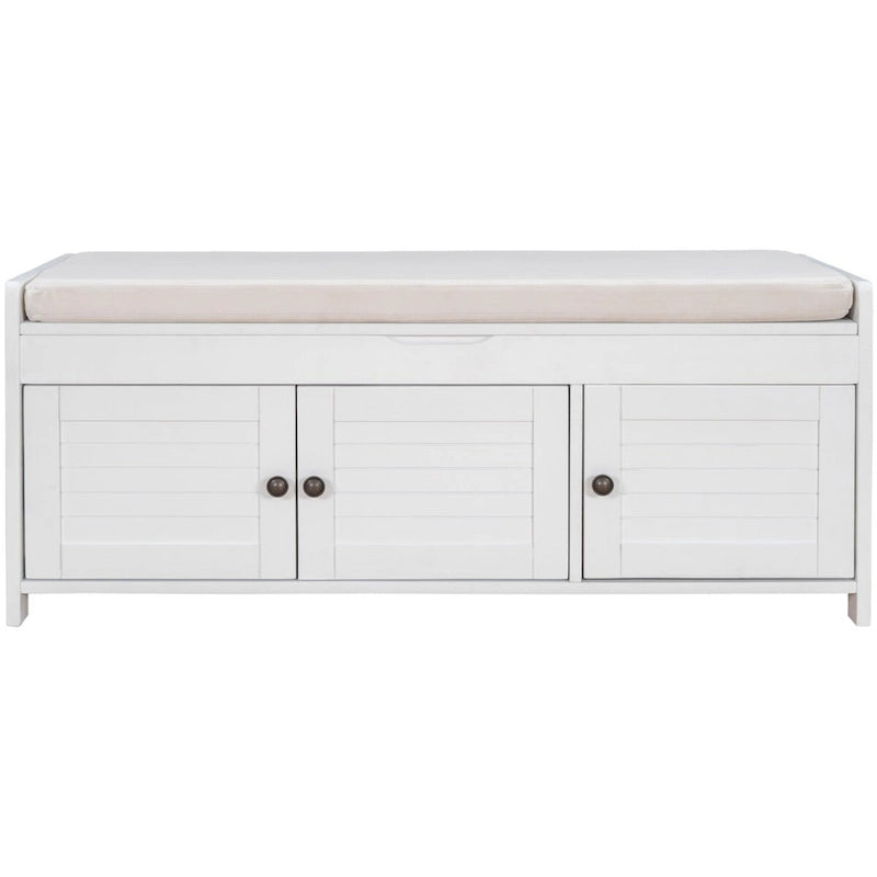 Banc de rangement avec 3 portes persiennes, coussin amovible et espace de rangement caché - 110,5 L x 40,6 l x 45,7 H cm