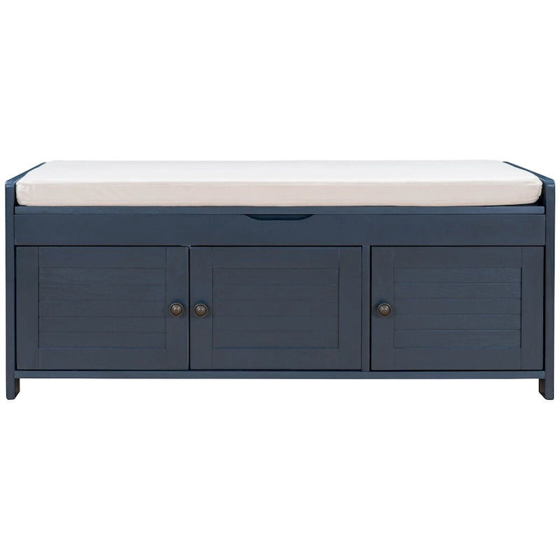 Banc de rangement avec 3 portes persiennes, coussin amovible et espace de rangement caché - 110,5 L x 40,6 l x 45,7 H cm