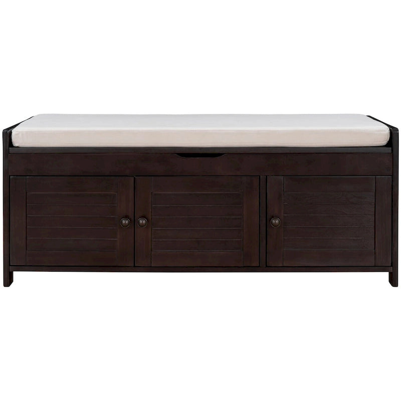 Banc de rangement avec 3 portes persiennes, coussin amovible et espace de rangement caché - 110,5 L x 40,6 l x 45,7 H cm