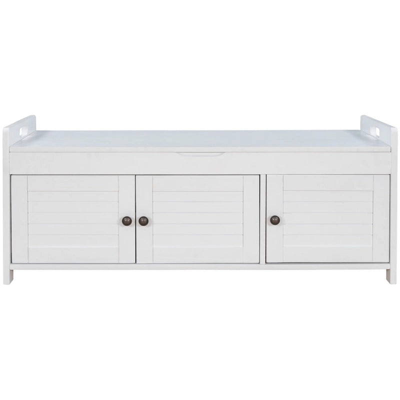 Banc de rangement avec 3 portes persiennes, coussin amovible et espace de rangement caché - 110,5 L x 40,6 l x 45,7 H cm
