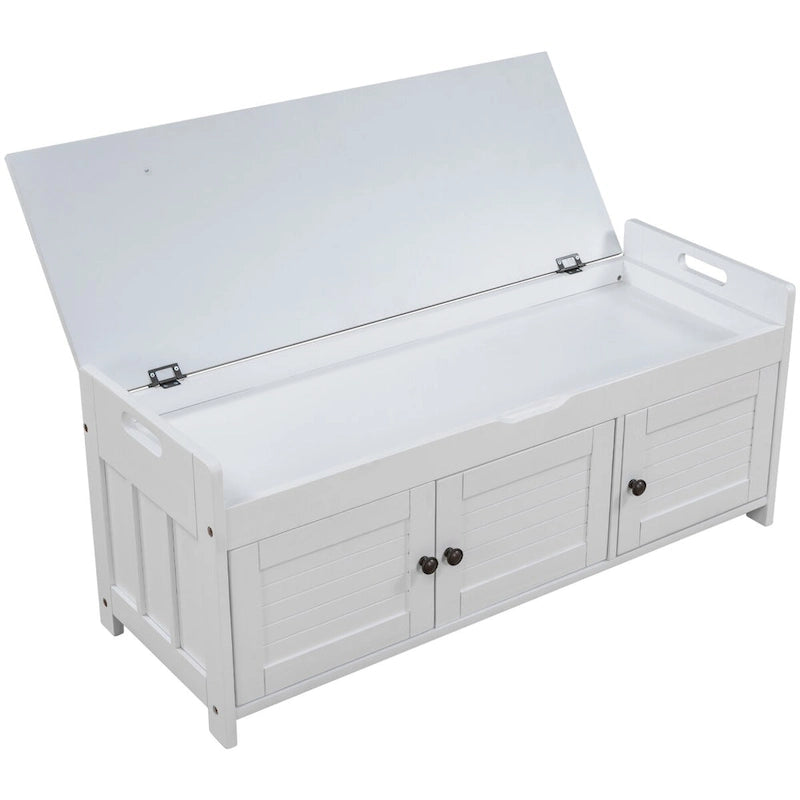 Banc de rangement avec 3 portes persiennes, coussin amovible et espace de rangement caché - 110,5 L x 40,6 l x 45,7 H cm