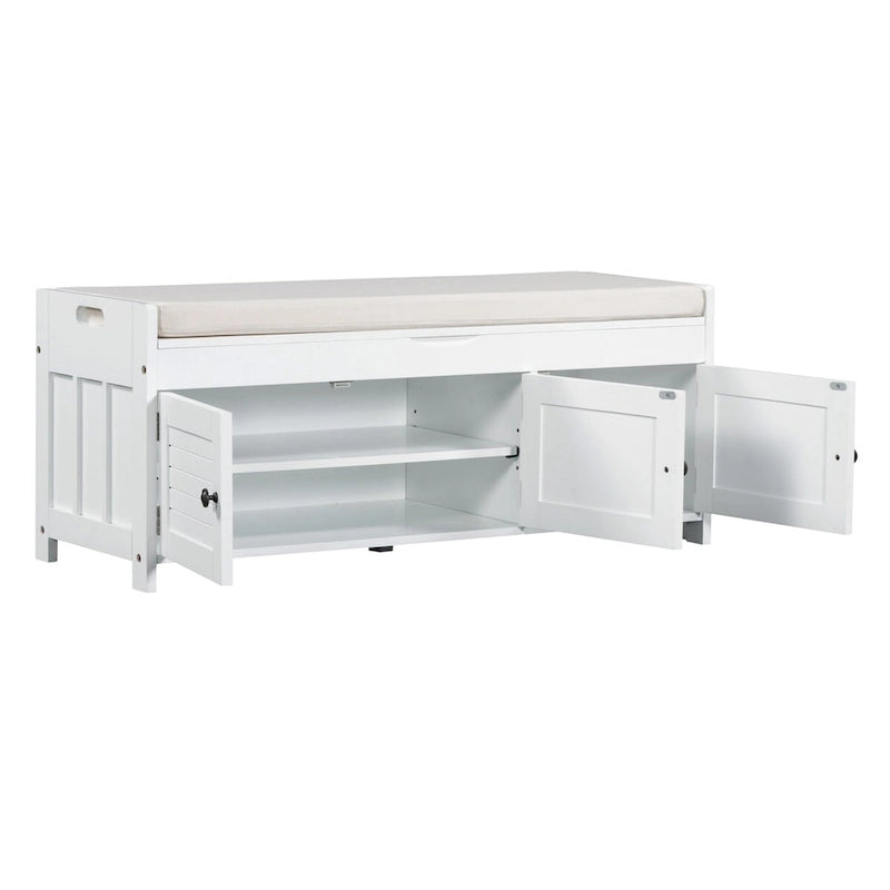 Banc de rangement avec 3 portes persiennes, coussin amovible et espace de rangement caché - 110,5 L x 40,6 l x 45,7 H cm