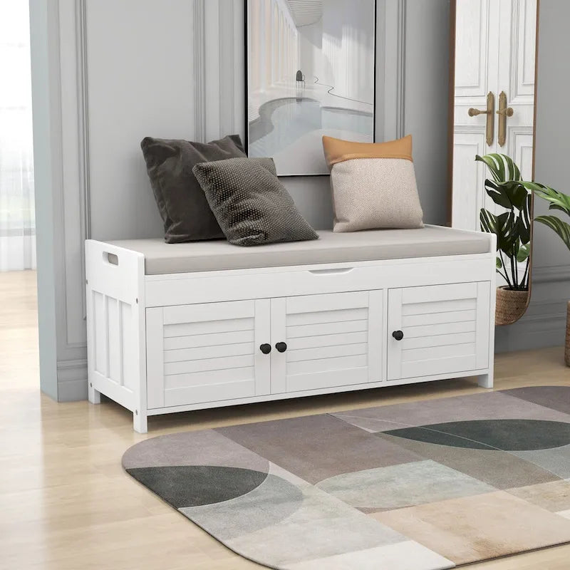 Banc de rangement avec 3 portes persiennes, coussin amovible et espace de rangement caché - 110,5 L x 40,6 l x 45,7 H cm