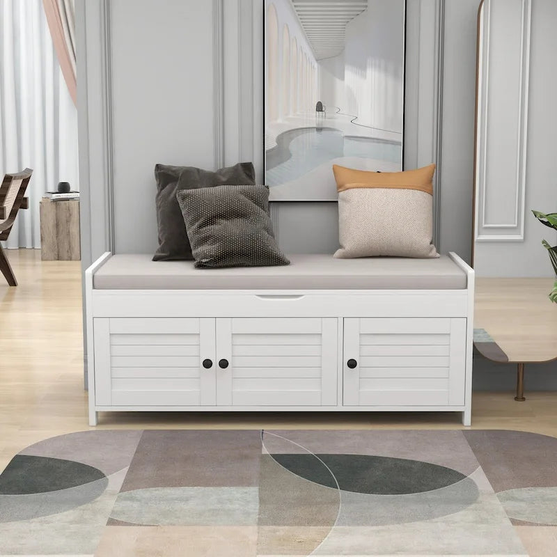 Banc de rangement avec 3 portes persiennes, coussin amovible et espace de rangement caché - 110,5 L x 40,6 l x 45,7 H cm