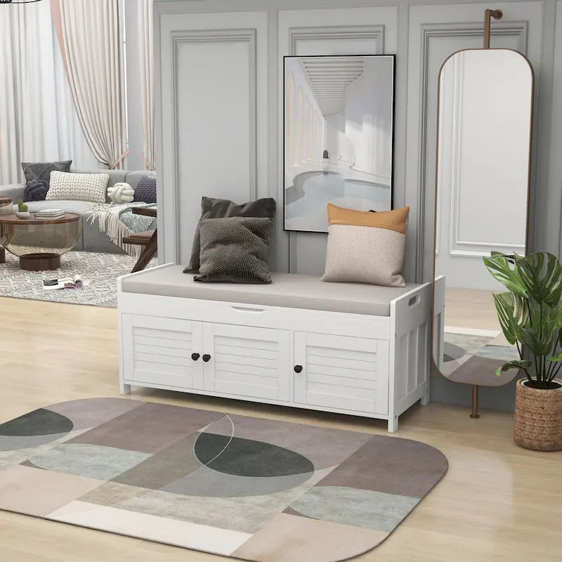 Banc de rangement avec 3 portes persiennes, coussin amovible et espace de rangement caché - 110,5 L x 40,6 l x 45,7 H cm