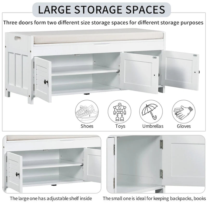 Banc de rangement avec 3 portes persiennes, coussin amovible et espace de rangement caché - 110,5 L x 40,6 l x 45,7 H cm