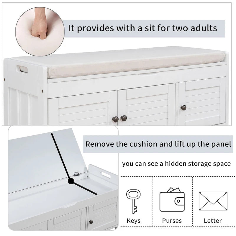 Banc de rangement avec 3 portes persiennes, coussin amovible et espace de rangement caché - 110,5 L x 40,6 l x 45,7 H cm