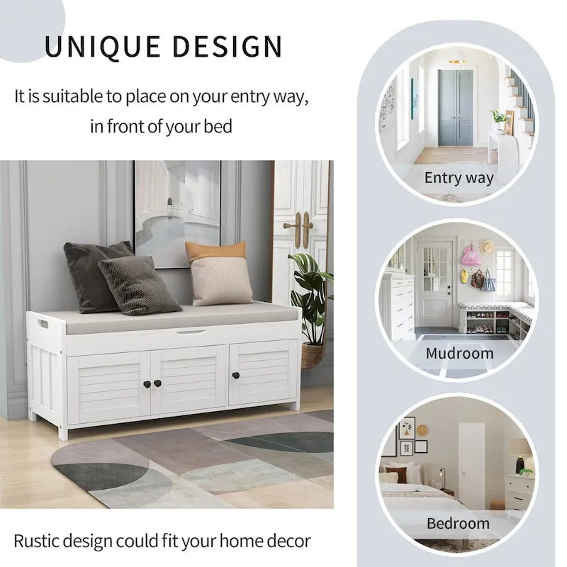 Banc de rangement avec 3 portes persiennes, coussin amovible et espace de rangement caché - 110,5 L x 40,6 l x 45,7 H cm