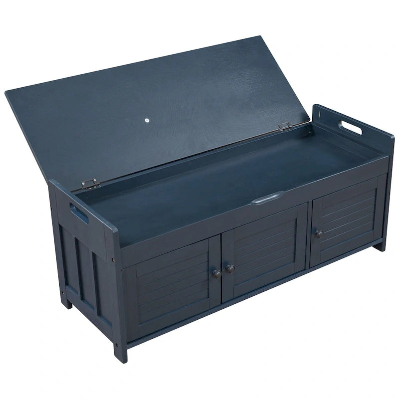 Banc de rangement avec 3 portes persiennes, coussin amovible et espace de rangement caché - 110,5 L x 40,6 l x 45,7 H cm