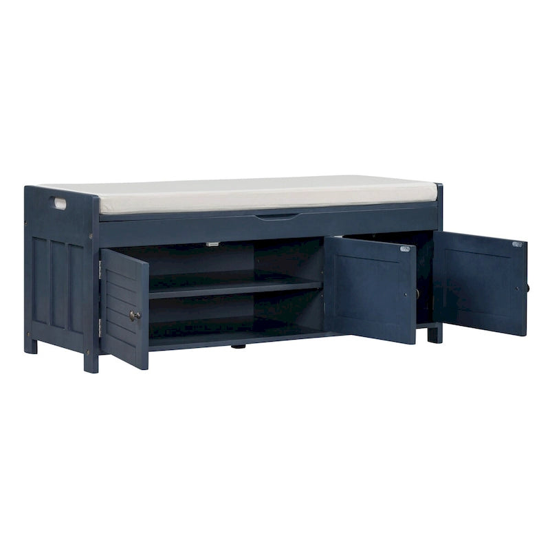 Banc de rangement avec 3 portes persiennes, coussin amovible et espace de rangement caché - 110,5 L x 40,6 l x 45,7 H cm