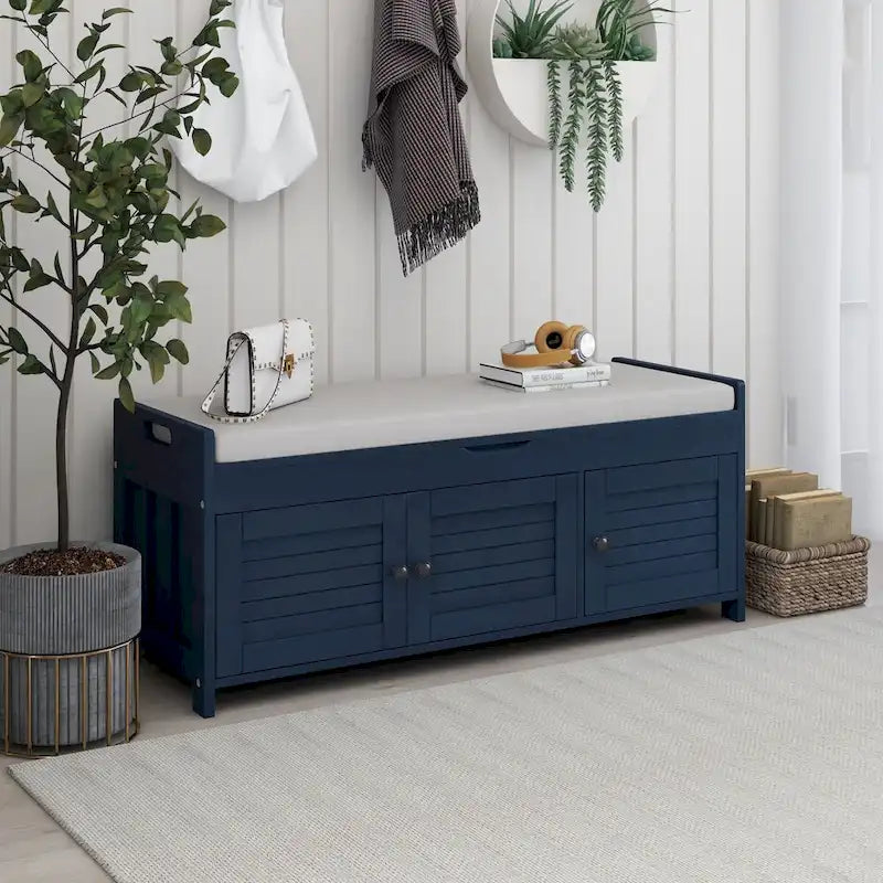 Banc de rangement avec 3 portes persiennes, coussin amovible et espace de rangement caché - 110,5 L x 40,6 l x 45,7 H cm