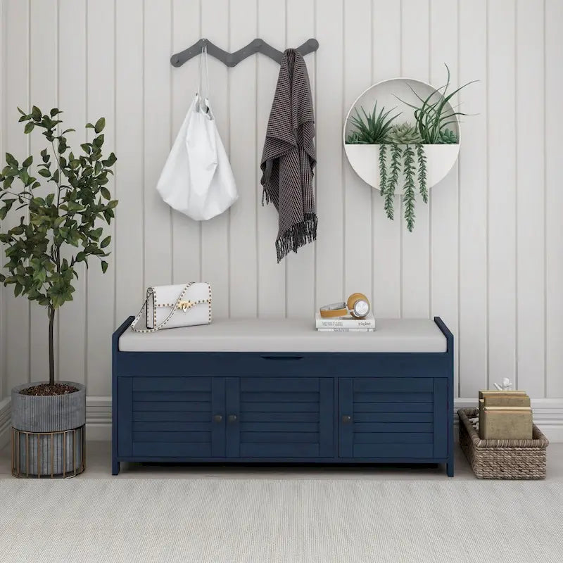 Banc de rangement avec 3 portes persiennes, coussin amovible et espace de rangement caché - 110,5 L x 40,6 l x 45,7 H cm