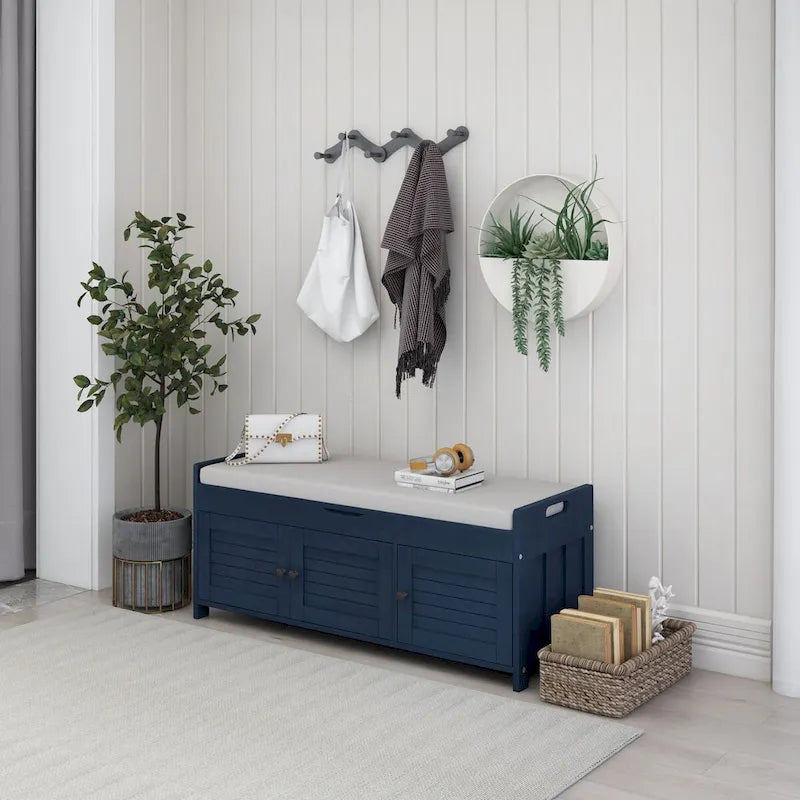 Banc de rangement avec 3 portes persiennes, coussin amovible et espace de rangement caché - 110,5 L x 40,6 l x 45,7 H cm