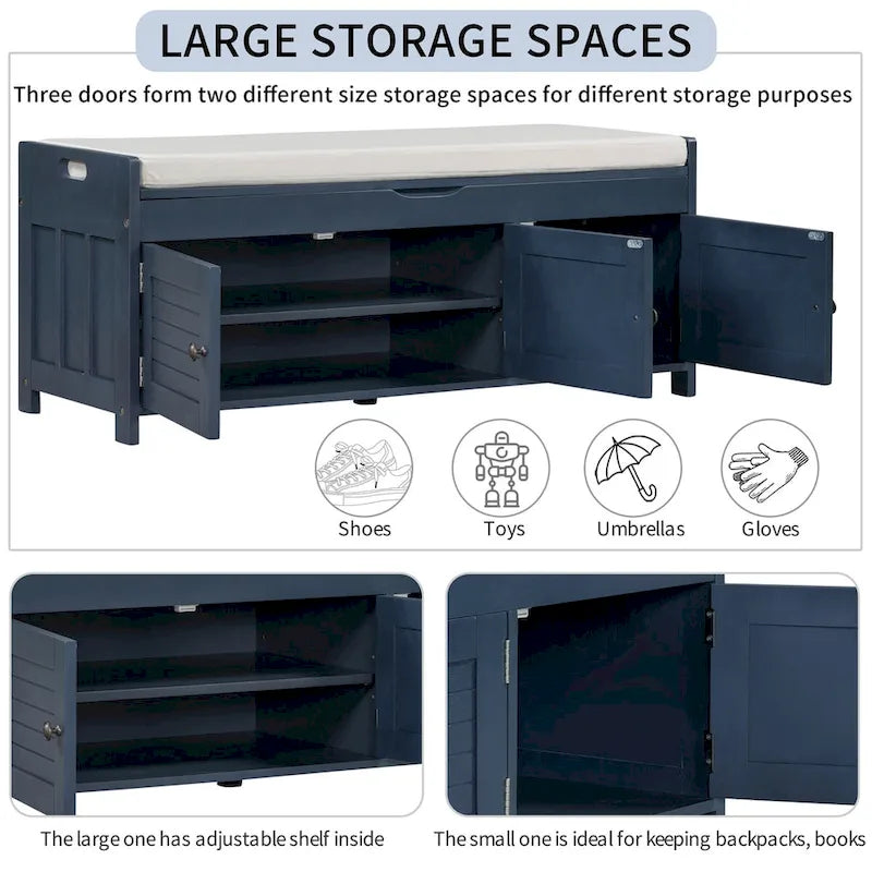 Banc de rangement avec 3 portes persiennes, coussin amovible et espace de rangement caché - 110,5 L x 40,6 l x 45,7 H cm